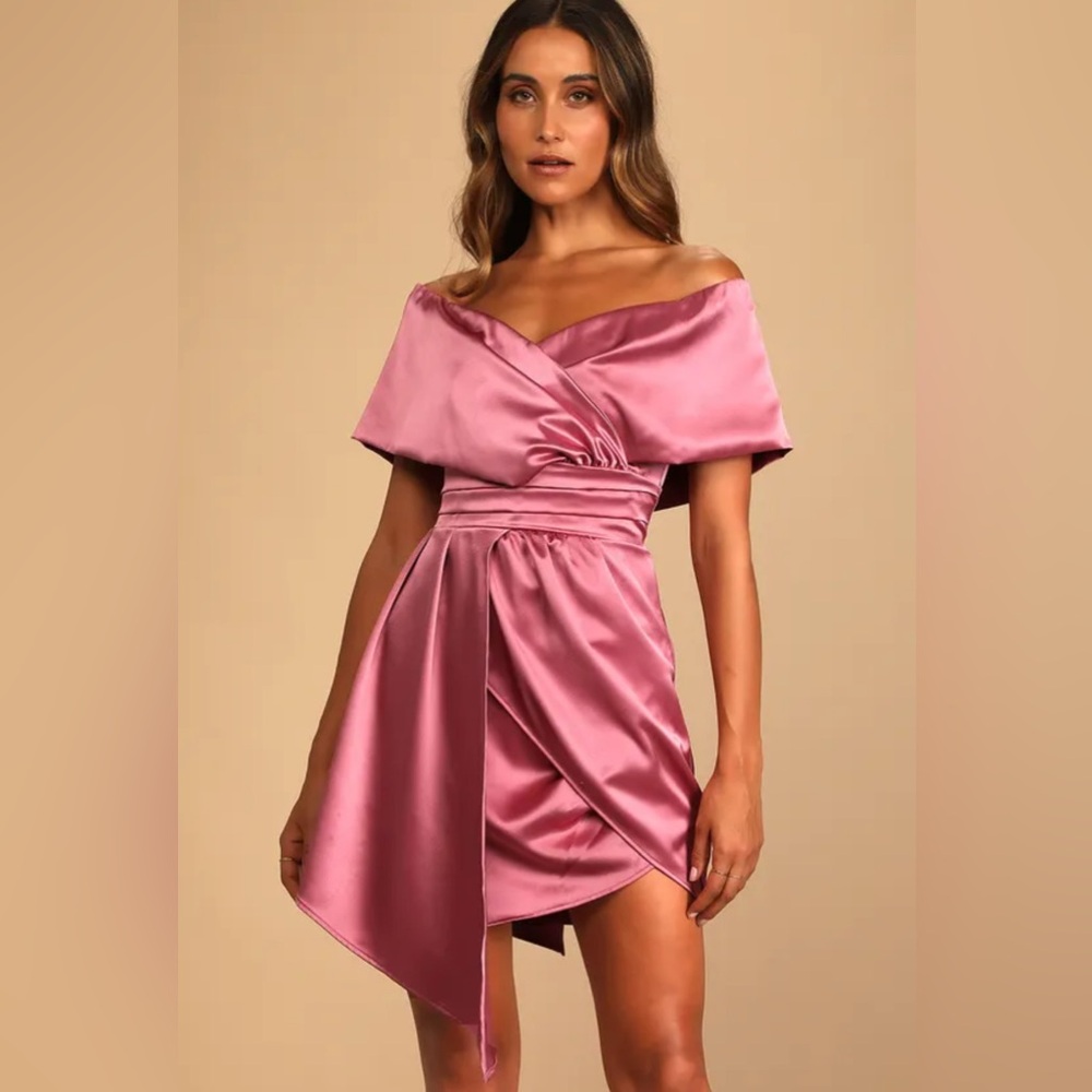 NWOT Lulus Always Celebrating Mauve Pink Satin Off-the-Shoulder Mini Dress Med